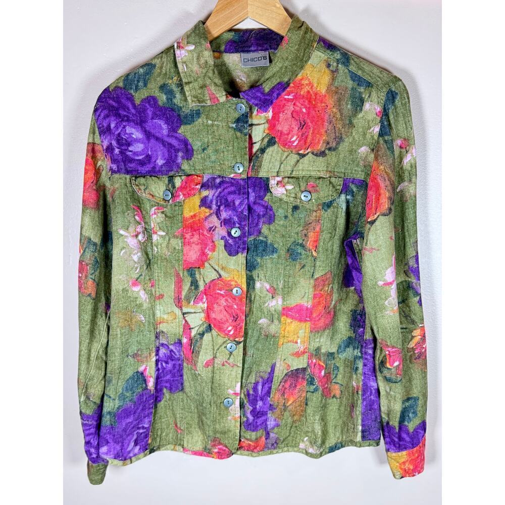 VTG 90s Womens 100% Linen Jacket Shirt Floral Chicos Cottage Coastal Medium